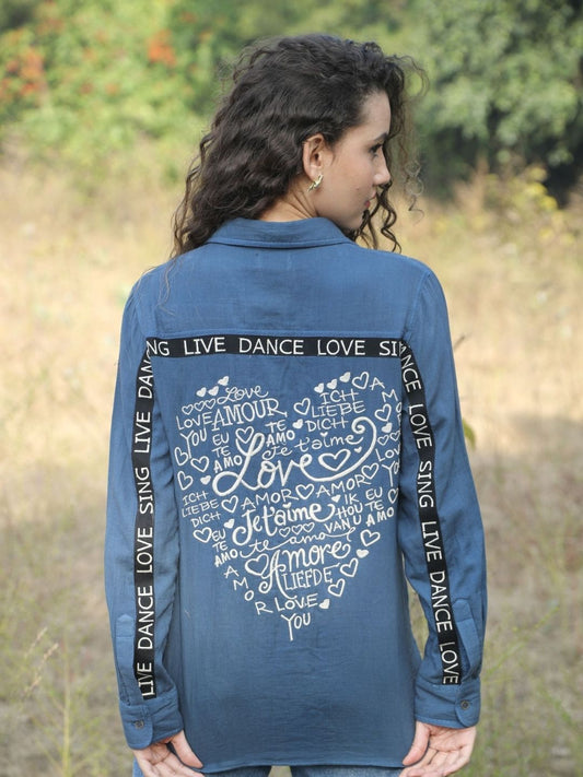 Heart Typography Embroidered Shirt – Indigo Blue Double Gauze Cotton