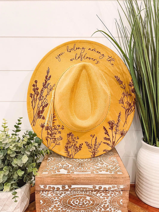 You Belong Amongst The Wildflowers Floral Burned Hat, Floral Engraved Cowboy Hat, Sunflower Hat, Sunflower Burned Fedora, Engraved Suede Hat, Boho Hat, Vegan Suede