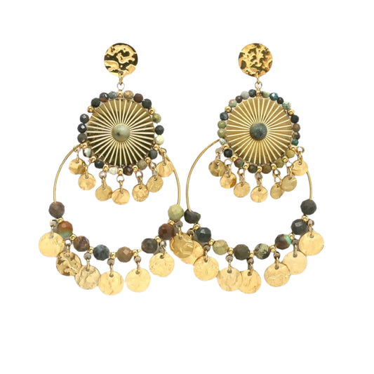 African Turquoise Gold Hoop Dangle Earrings
