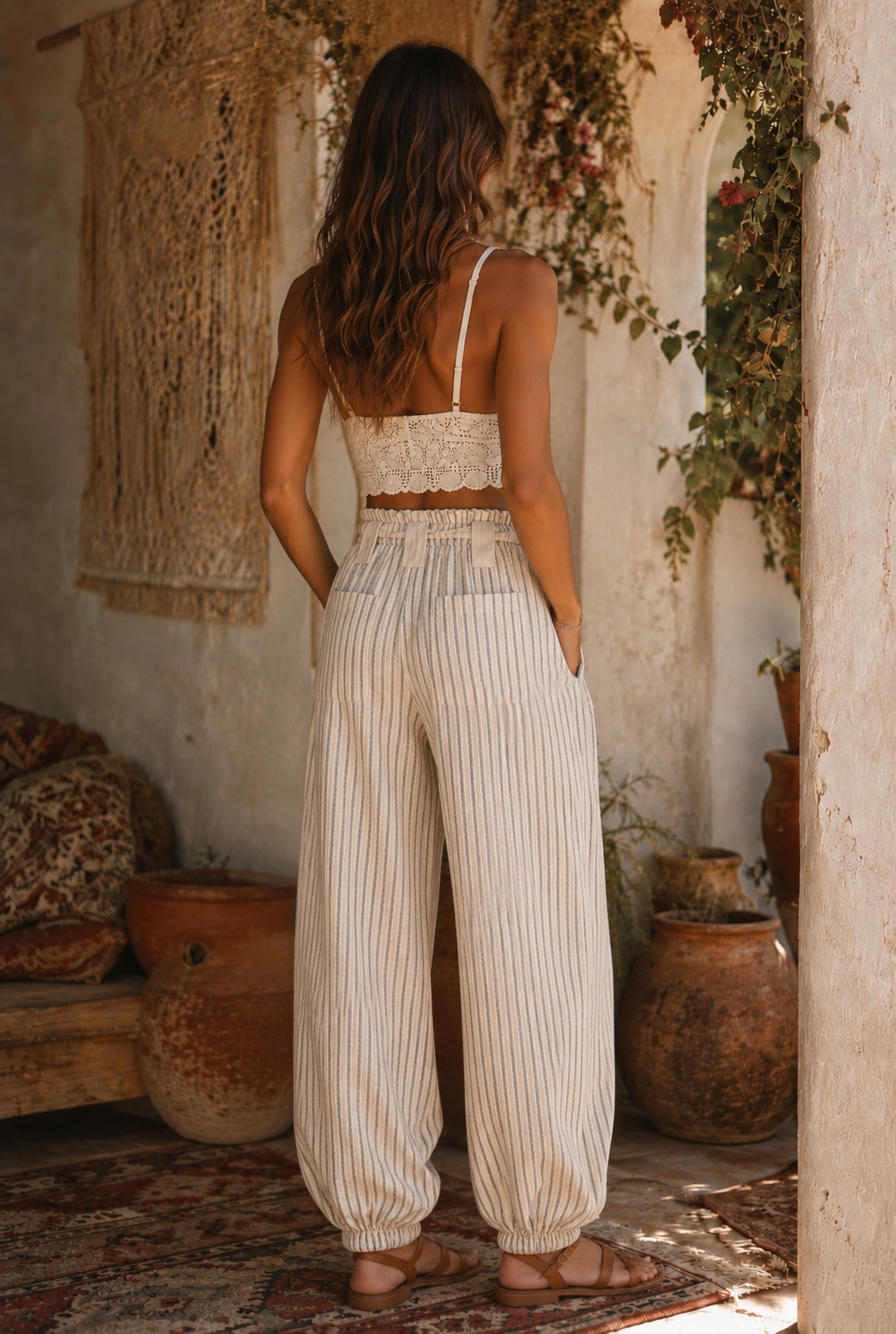 Bow Detail Stripe Textured Woven Pants *Pre Order* Ships in August 2026