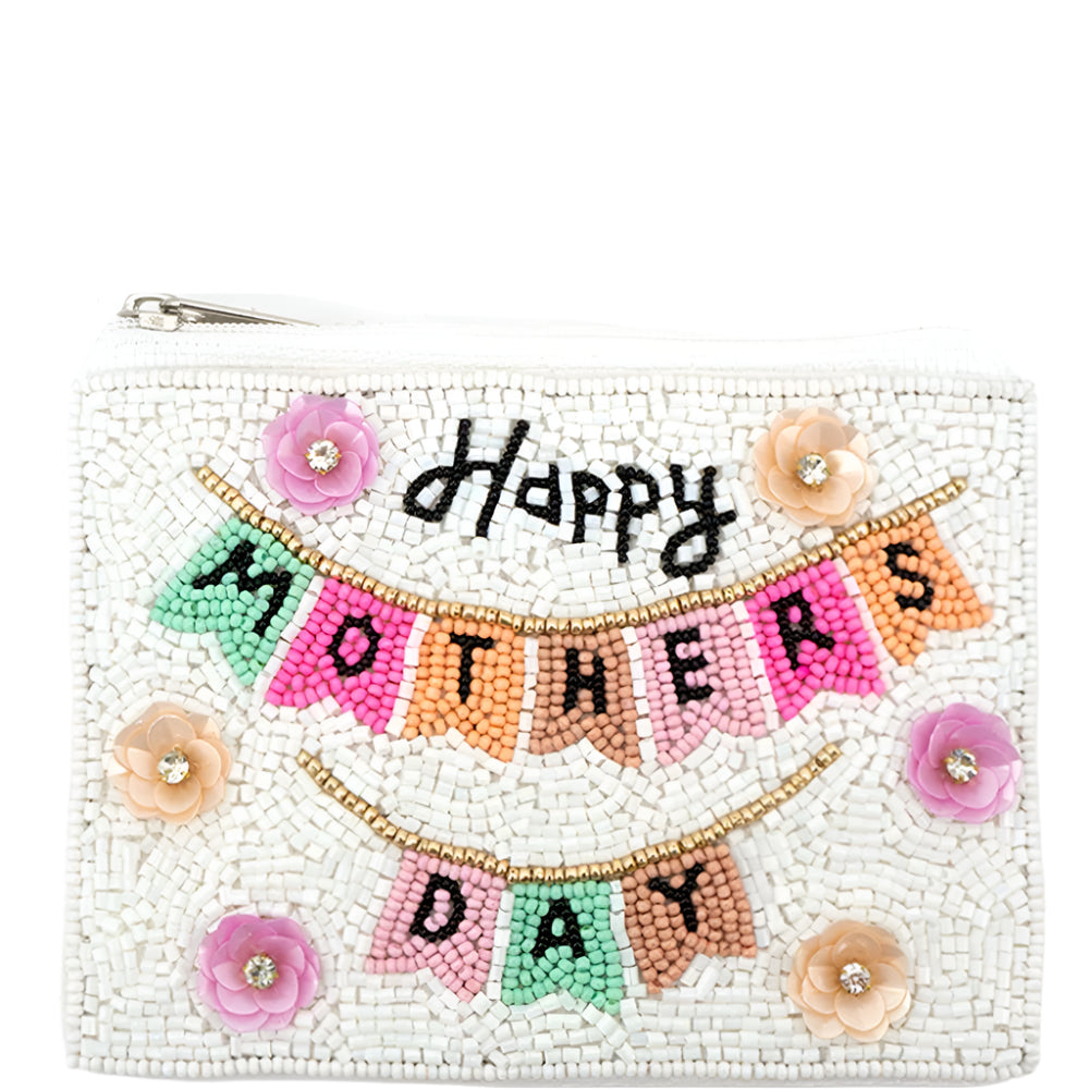 Happy Mothers Day Banner Beaded Zipper Coin Bag