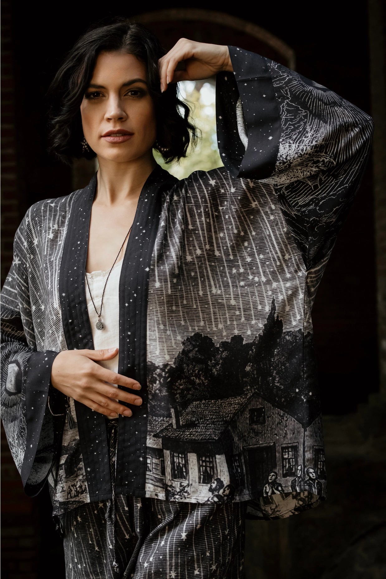 Market Of Stars Stargazer Cropped Bamboo Kimono Cardigan with Falling Stars