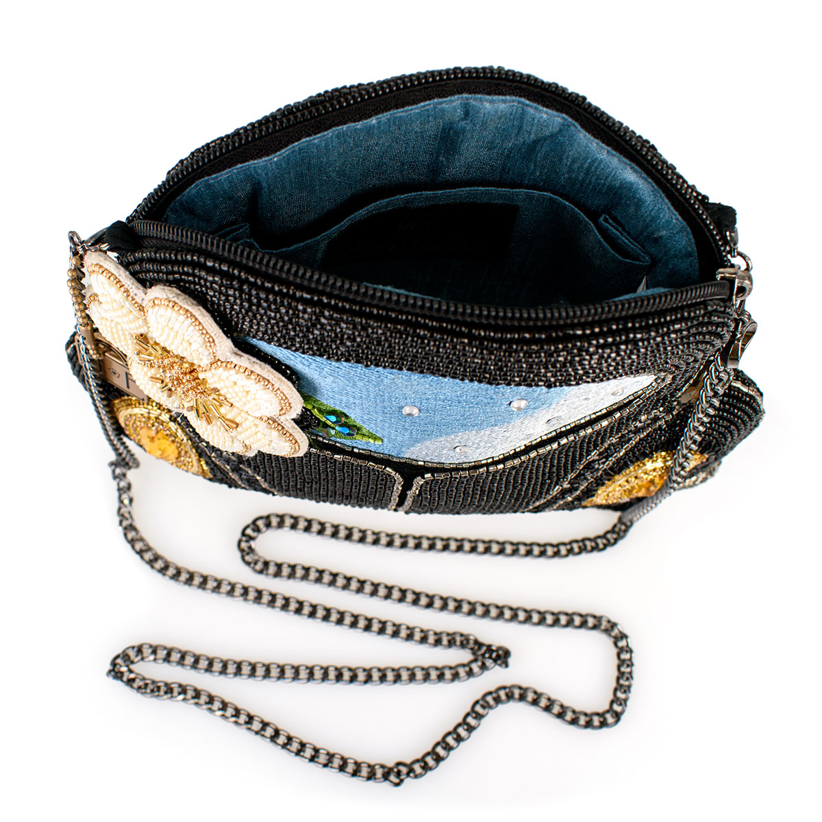 Mary Frances - On the Road Black Car White Flower Beaded Crossbody Handbag