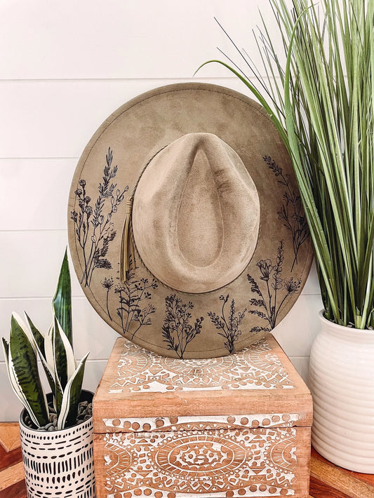 Personalized Floral Burned Hat, Floral Engraved Cowboy Hat, Sunflower Hat, Sunflower Burned Fedora, Engraved Suede Hat, Boho Hat, Vegan Suede