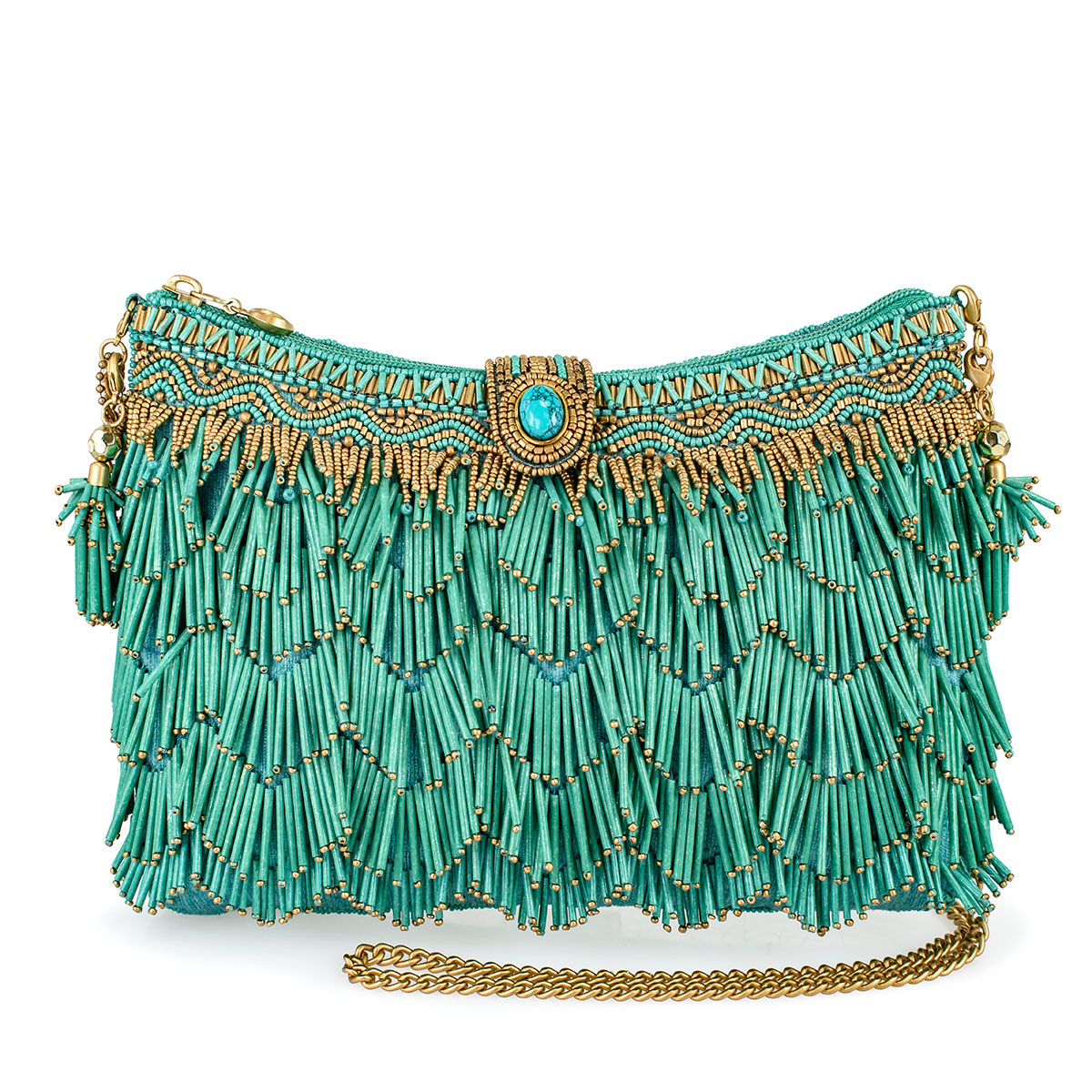 Mary Frances - Shimmy, Turquoise Fringe Beaded Crossbody Handbag