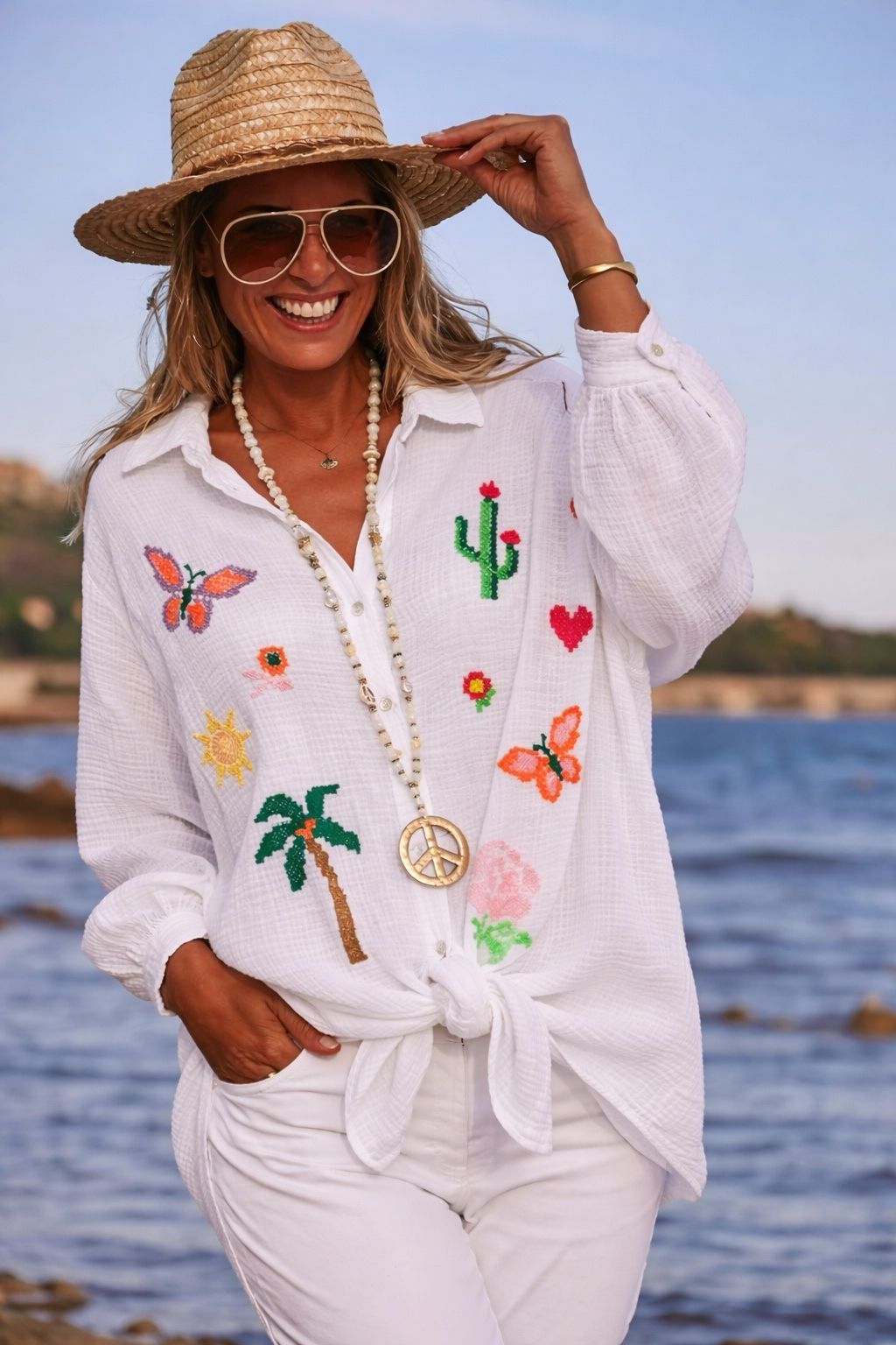 White Tropical Oversized Gauze Cotton Shirt