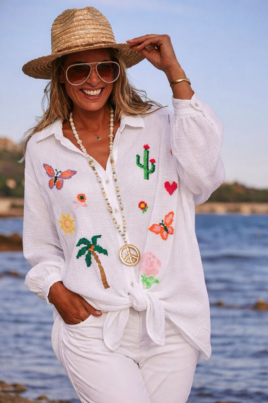 White Tropical Oversized Gauze Cotton Shirt