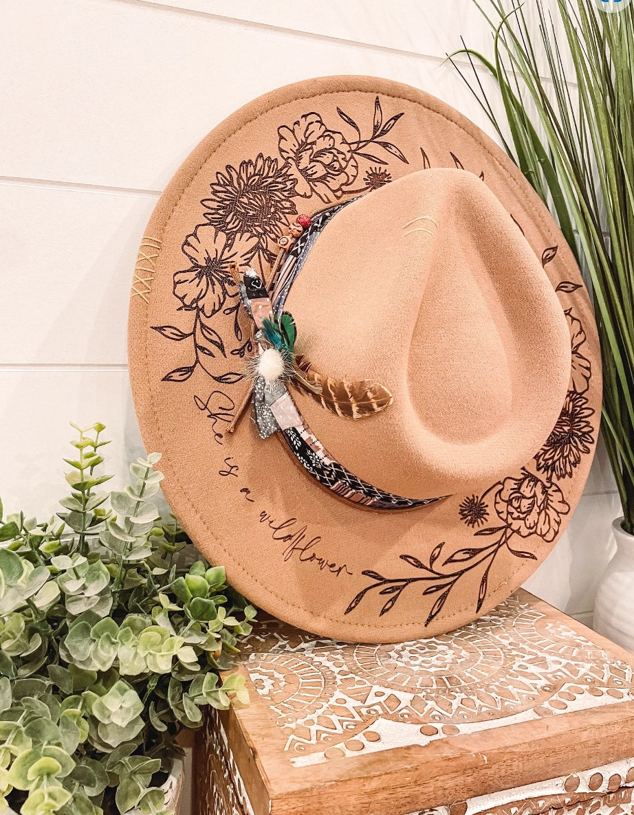 She Is A Wildflower Floral Burned Hat, Floral Engraved Cowboy Hat, Sunflower Hat, Sunflower Burned Fedora, Engraved Suede Hat, Boho Hat, Vegan Suede