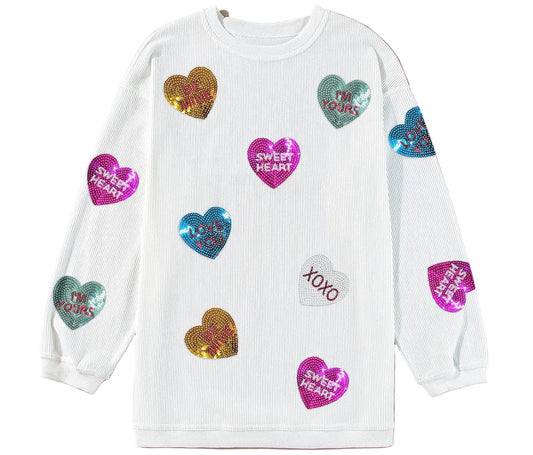 Valentine's Day Heart Sequin Corded Baggy Sweatshirt
