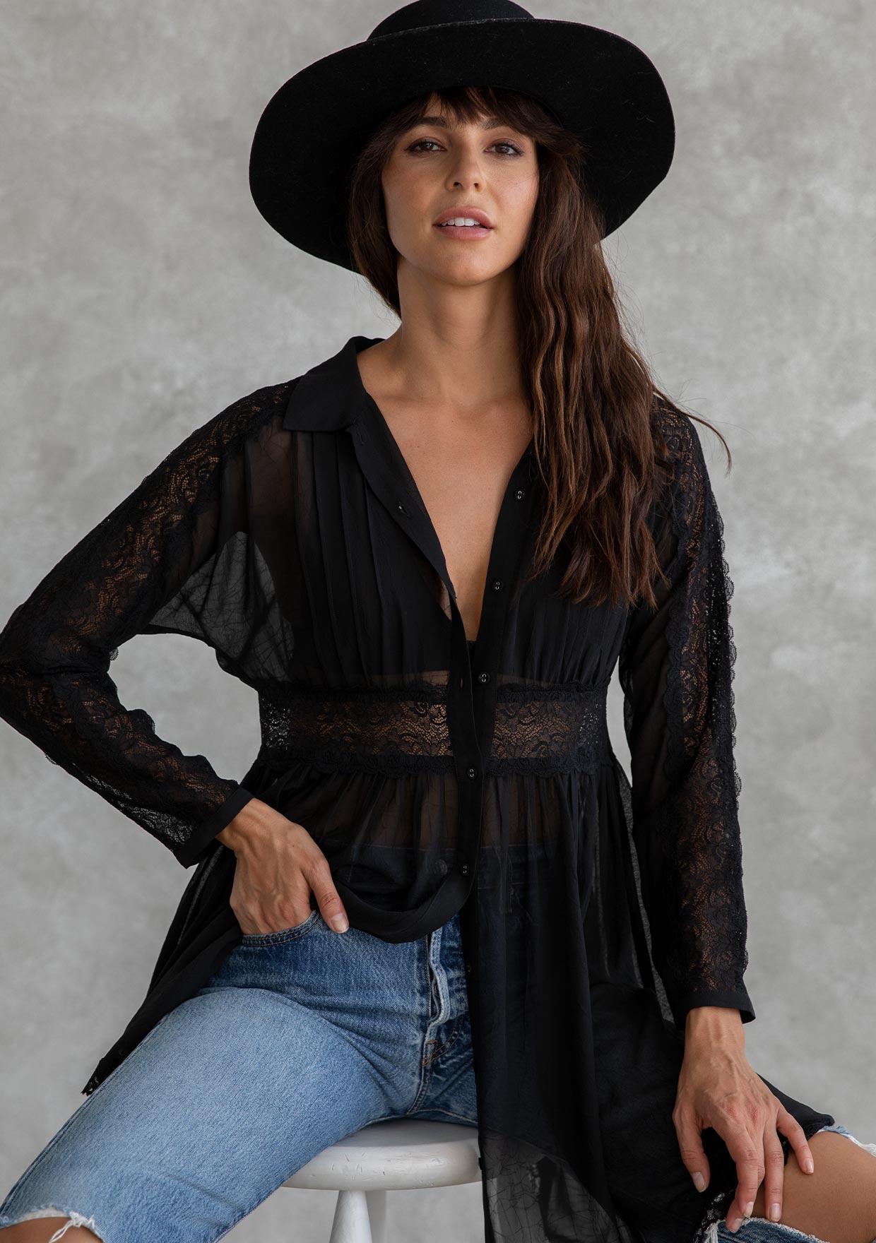 Bohemian Lace Detail Long Sleeve Collared Dress
