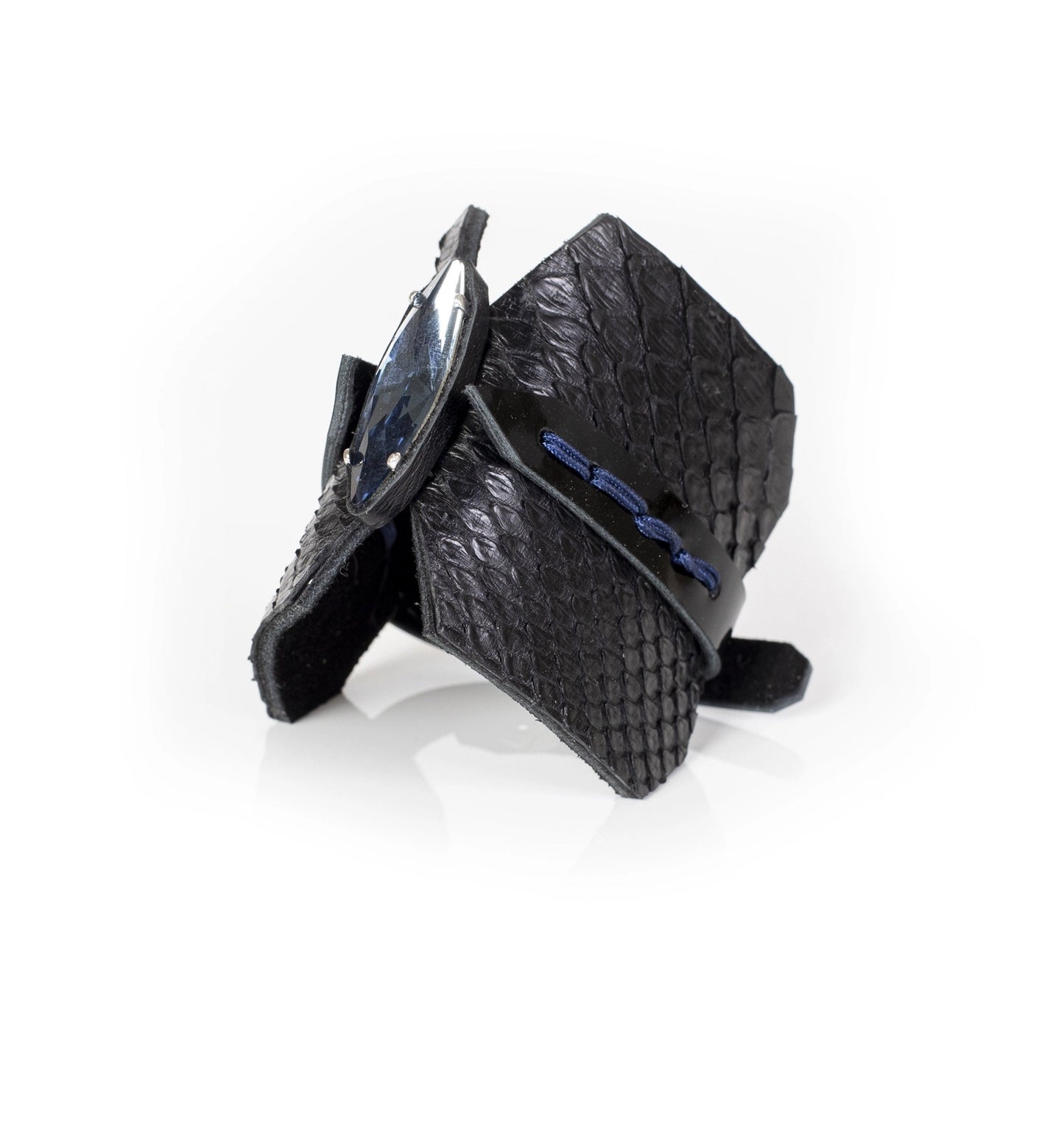 The Blue Crystal Black Leather Cuff Bracelet