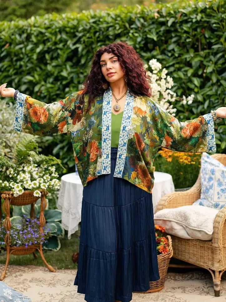 Model wearing Flora Poetica cropped botanical kimono duster | Bliss by Cori