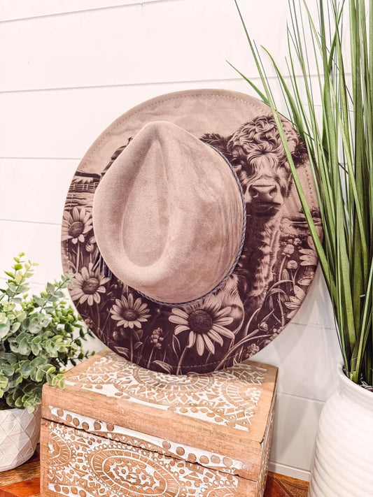 Engraved Highland Cow Hat, Floral Engraved Cowboy Hat, Sunflower Hat, Sunflower Burned Fedora, Engraved Suede Hat, Boho Hat, Vegan Suede (Copy)