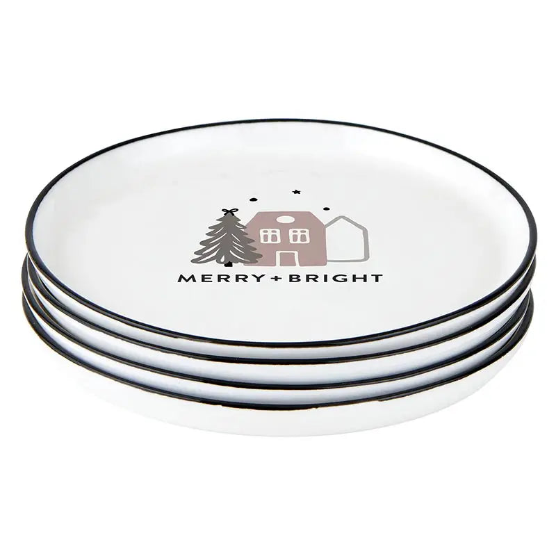 Stack of four white ceramic Christmas Village appetizer plates with black rim and Merry + Bright holiday village design on white background – Bliss by Cori
