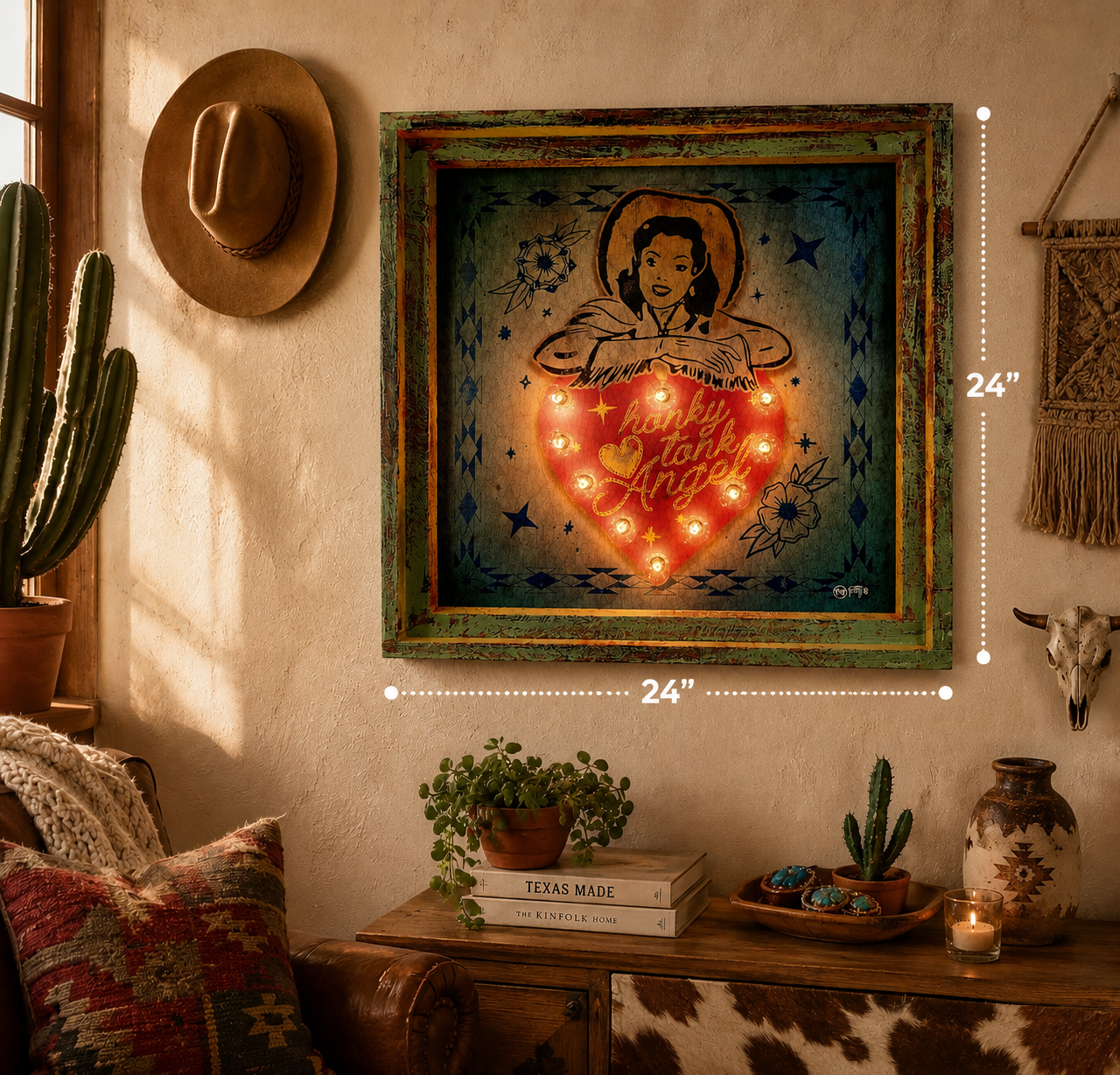 Honky Tonk Angel - 24" Square Lighted Handmade Artwork