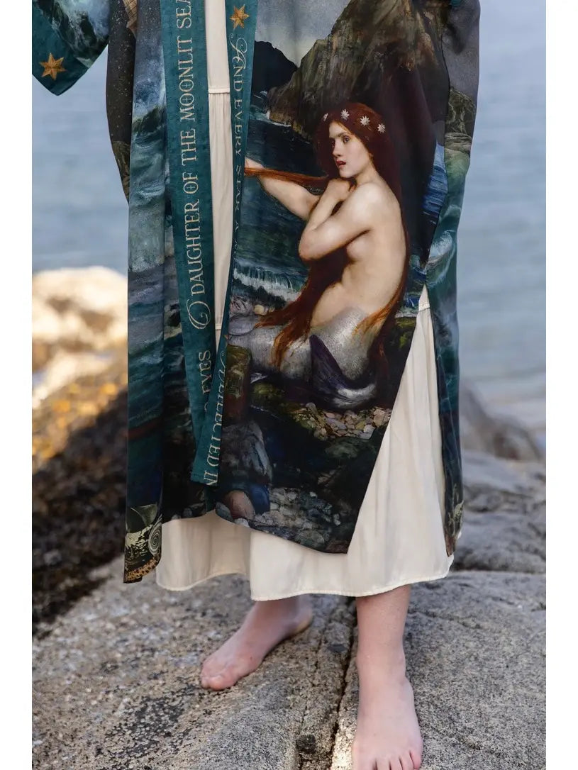 Front detail of the Siren opera duster showing the mermaid artwork and ocean-inspired print | Bliss by Cori