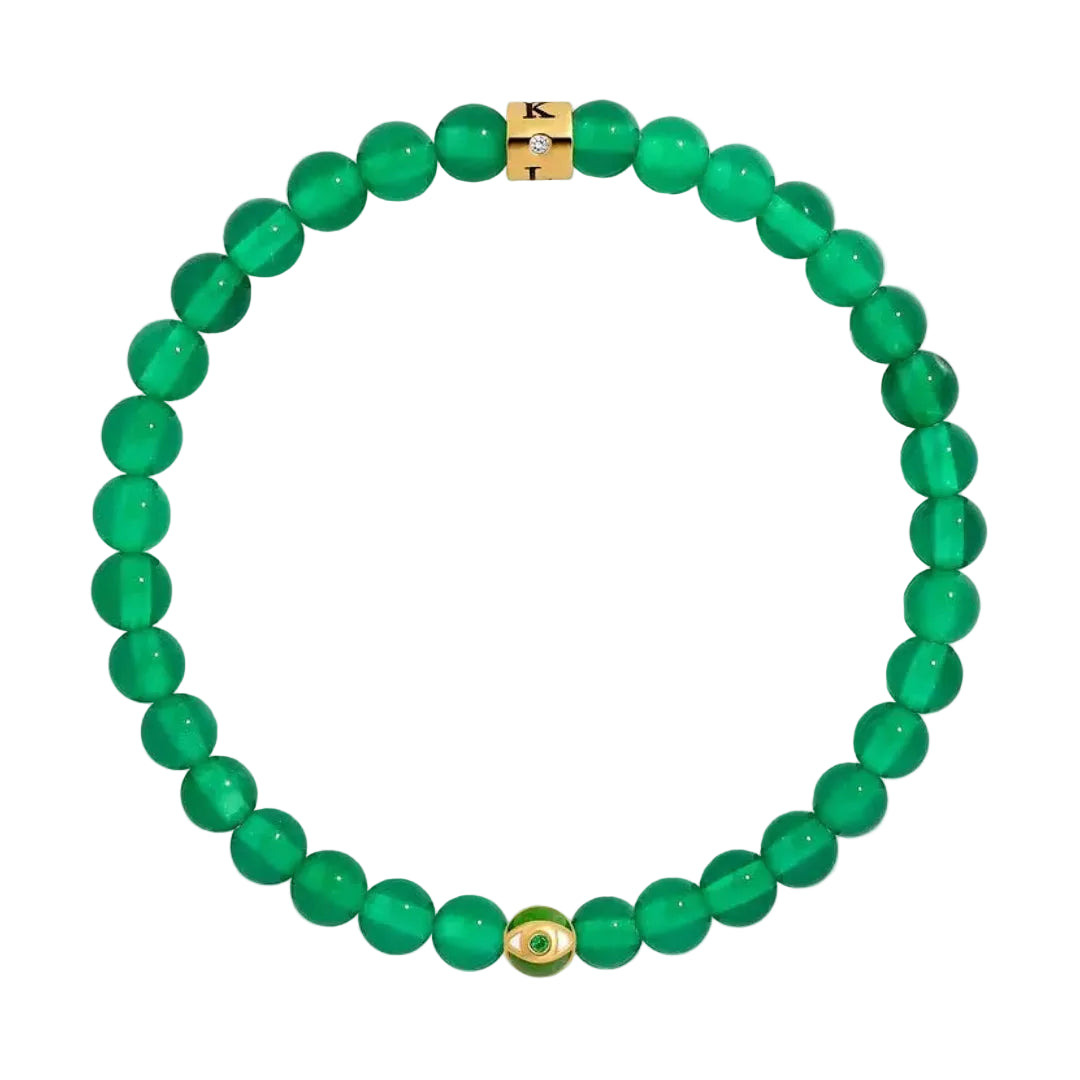 Karma and Luck Lucky Bloom Emerald May Birthstone Evil Eye Bracelet — luminous vivid green agate beads with green enamel evil eye charm and Karma and Luck gold signature clasp | Bliss by Cori