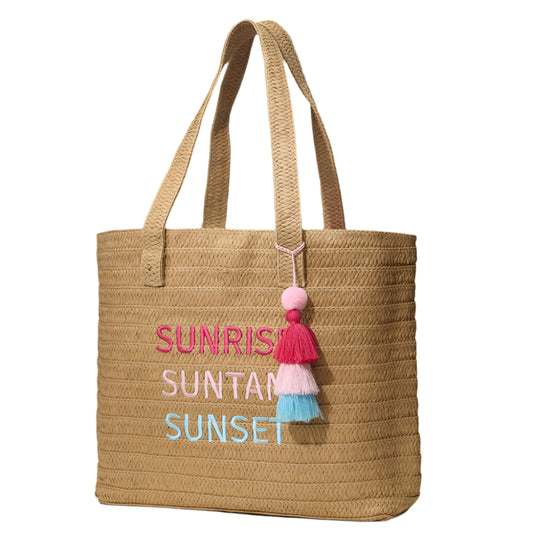 Raffia Sunrise Suntan Sunset Message Embroidered Summer Tote