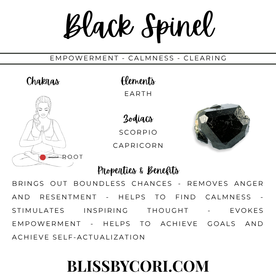 Black Spinel information card showing a gemstone, root chakra illustration, earth element, Scorpio and Capricorn signs, and traditional symbolic associations | Bliss by Cori