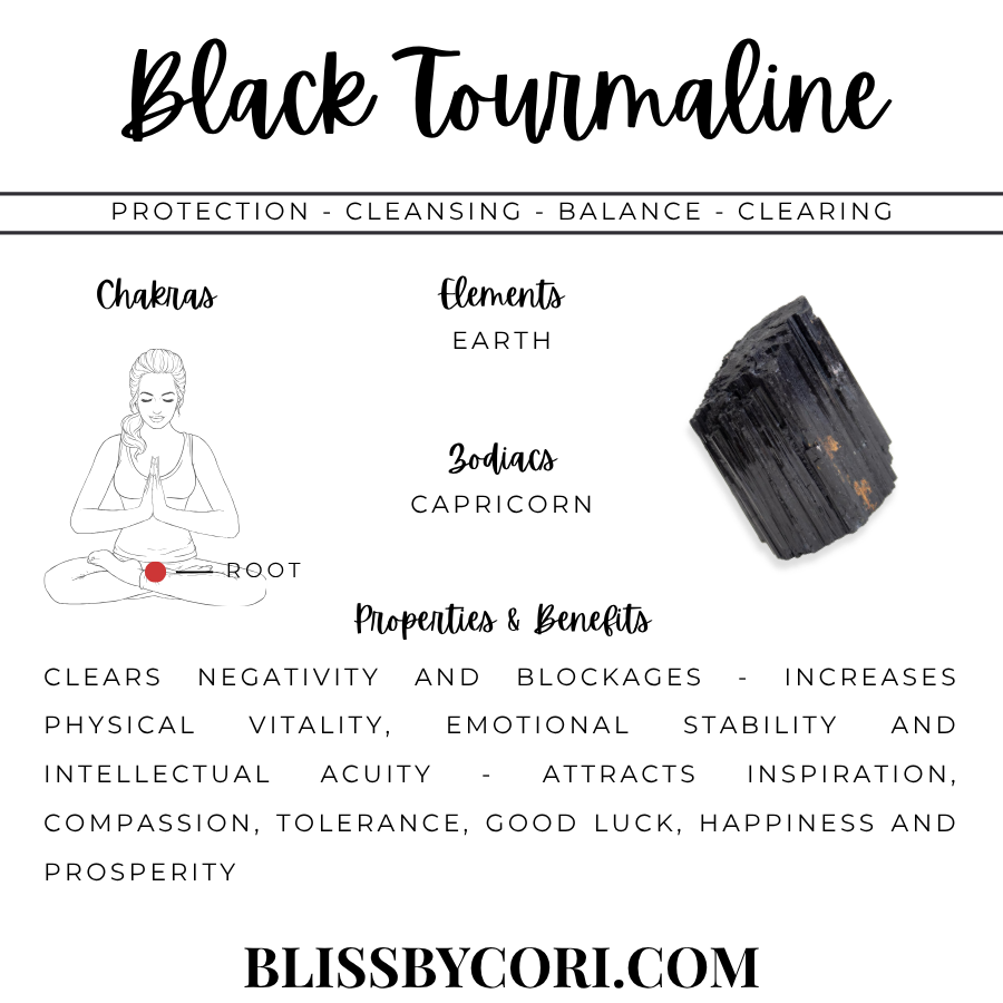 Black Tourmaline crystal meaning card – protection, cleansing, balance, clearing – root chakra, earth element, Capricorn – Bliss by Cori