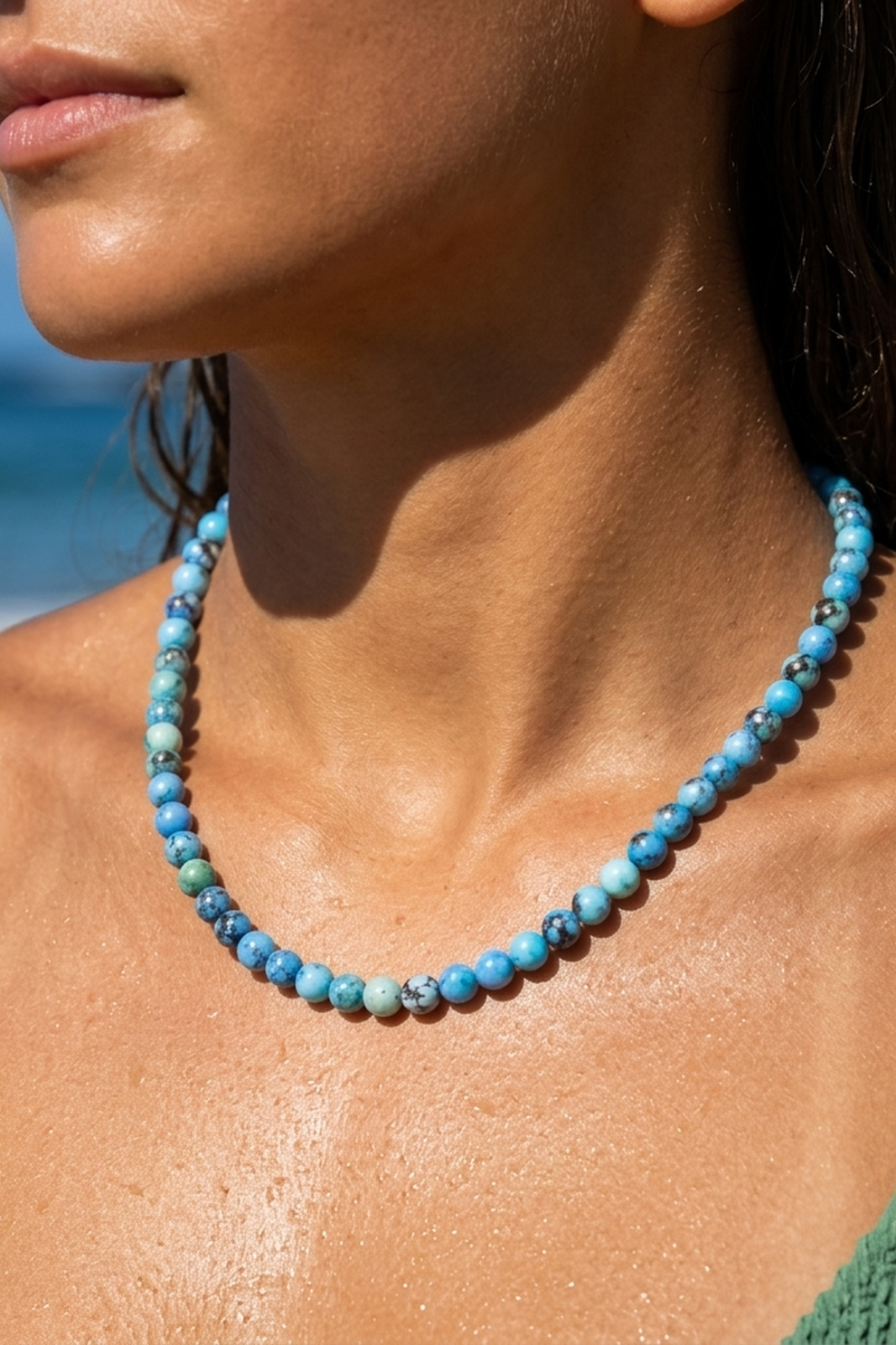 Golden Hills lavender turquoise round bead necklace worn by a model, showing blue-green stones with dark veining | Bliss by Cori