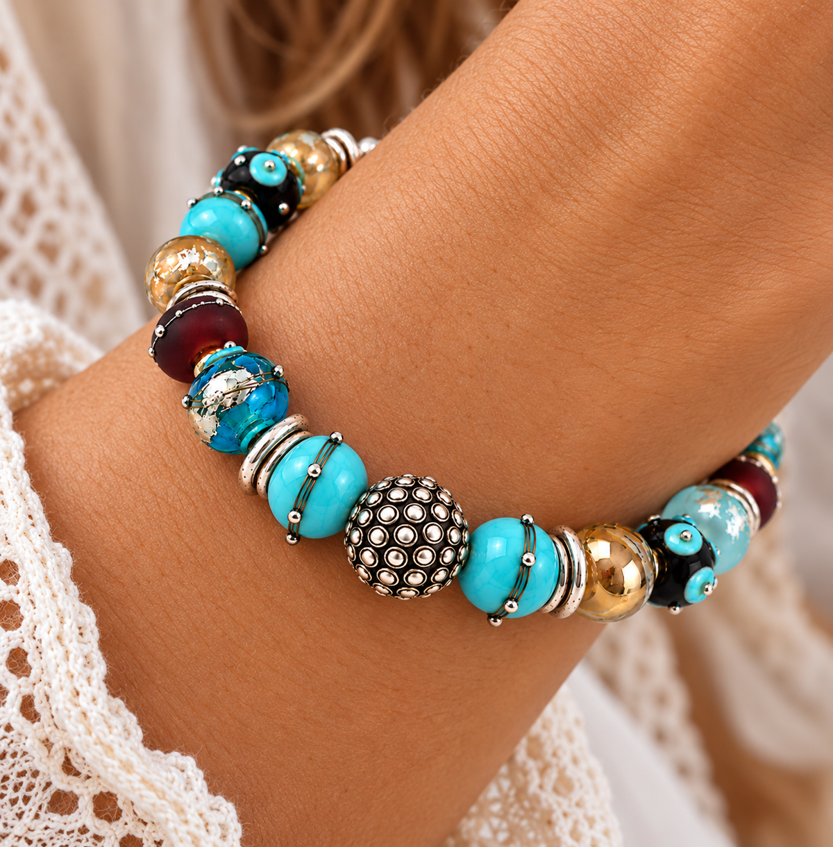 Lampwork glass bead bracelet worn on a wrist, featuring turquoise, aqua and brown beads with silver accents | Bliss by Cori