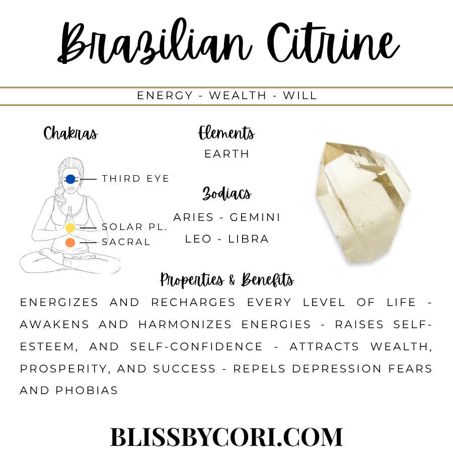 Brazilian Citrine crystal properties infographic — Energy, Wealth, Will — Third Eye, Solar Plexus & Sacral Chakras, Earth element, Aries, Gemini, Leo & Libra zodiacs | BlissByCori.com
