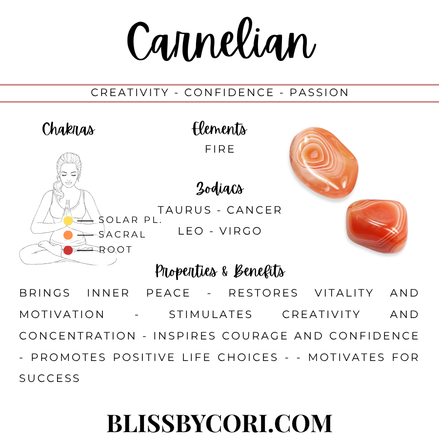 An informational graphic titled 'Carnelian' with text about chakras, elements, zodiac associations, and properties, plus two orange stone illustrations on a white background | Bliss by Cori