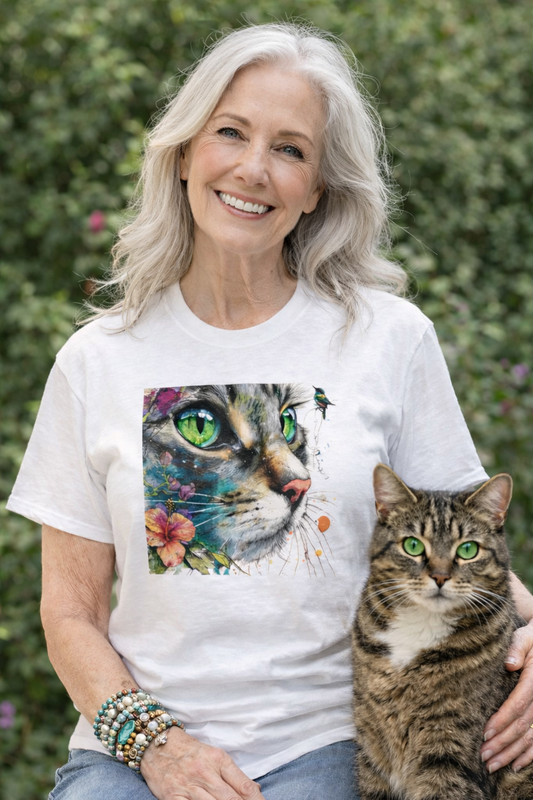 Watercolor Cat T-Shirt With Hummingbird