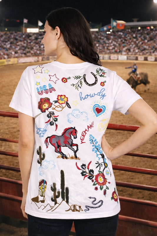 Howdy Embroidered Casual V-Neck T-Shirt Available in 2 Colors  Pre - Order Ships August 2026