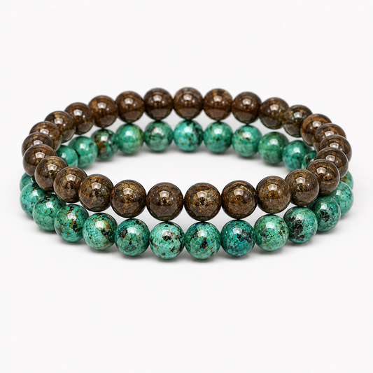 Bronzite And Chrysocolla Gemstone Bracelet Set