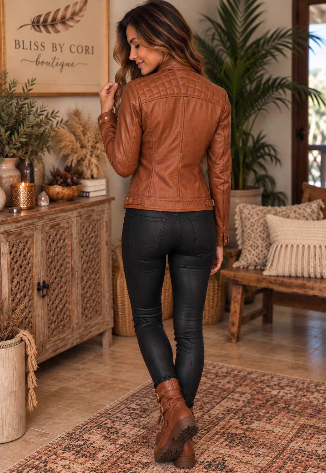 Woman wearing a brown textured lambskin moto racer jacket, back view | Bliss by Cori