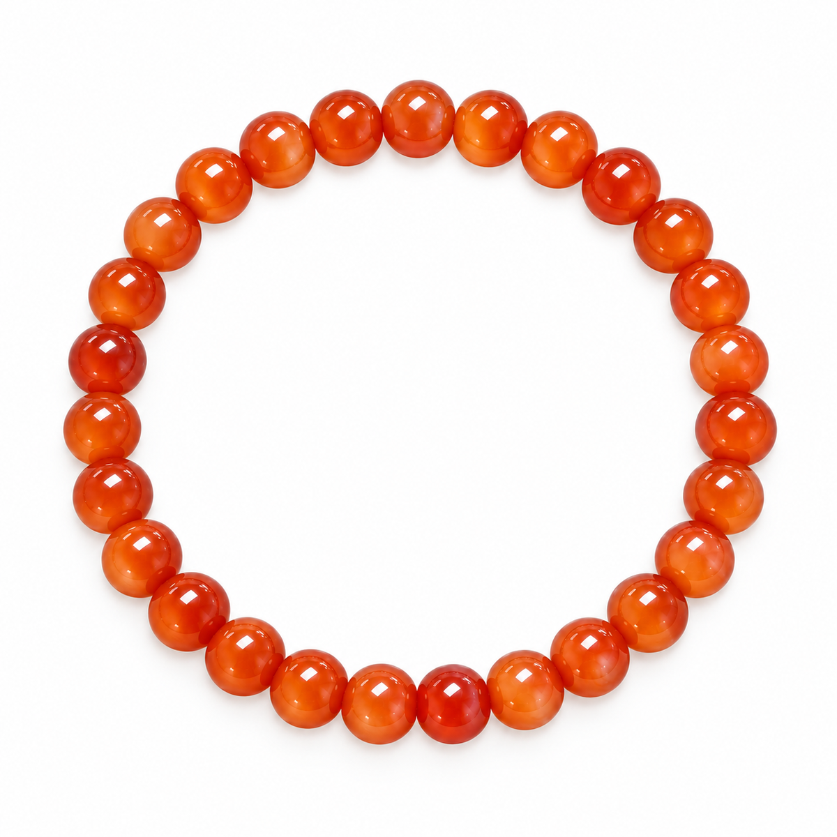 A beaded stretch bracelet made of polished round orange-red carnelian beads, arranged in a circular shape on a plain white background | Bliss by Cori
