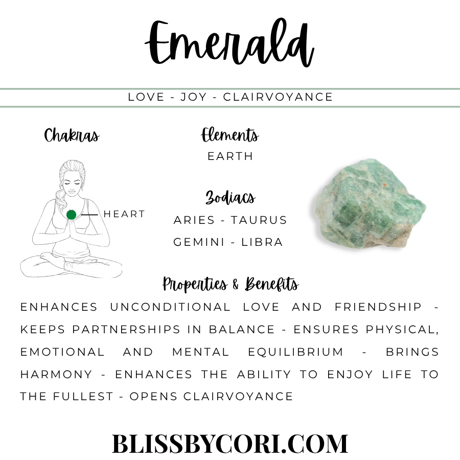 Emerald crystal properties infographic — Love, Joy, Clairvoyance — Heart Chakra, Earth element, Aries, Taurus, Gemini & Libra zodiacs | BlissByCori.com