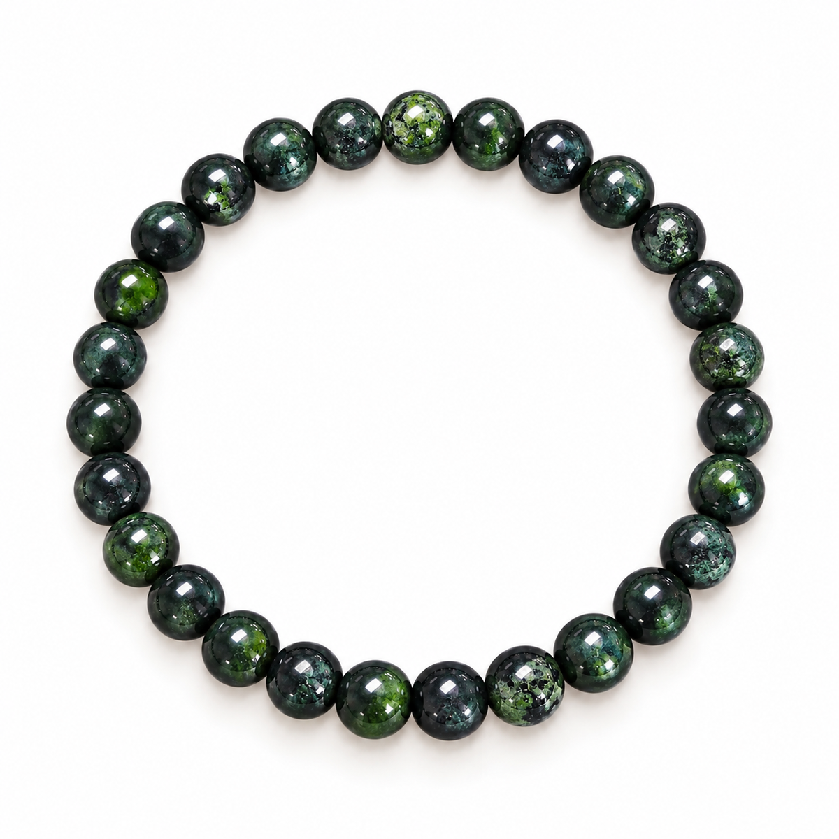 Polished forest-green marbled gemstone bead bracelet arranged in a circle on a white background | Bliss by Cori