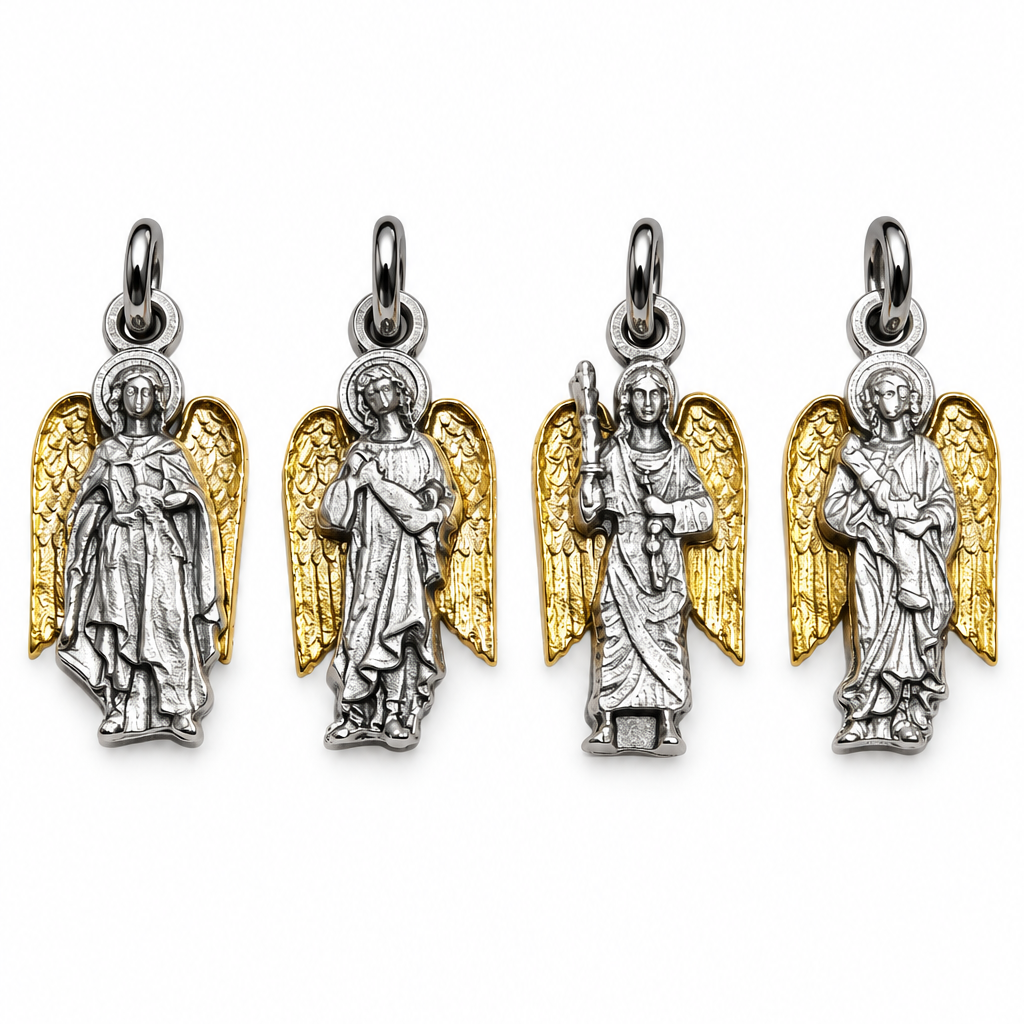 Four silver-tone archangel charms with gold-tone wings displayed on a white background | Bliss by Cori