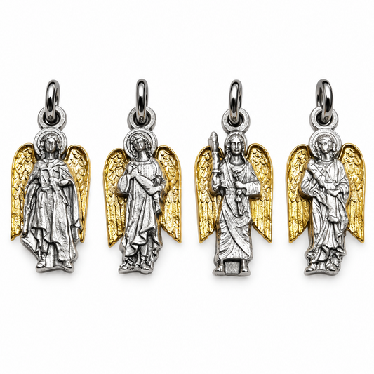 Four silver-tone archangel charms with gold-tone wings displayed on a white background | Bliss by Cori