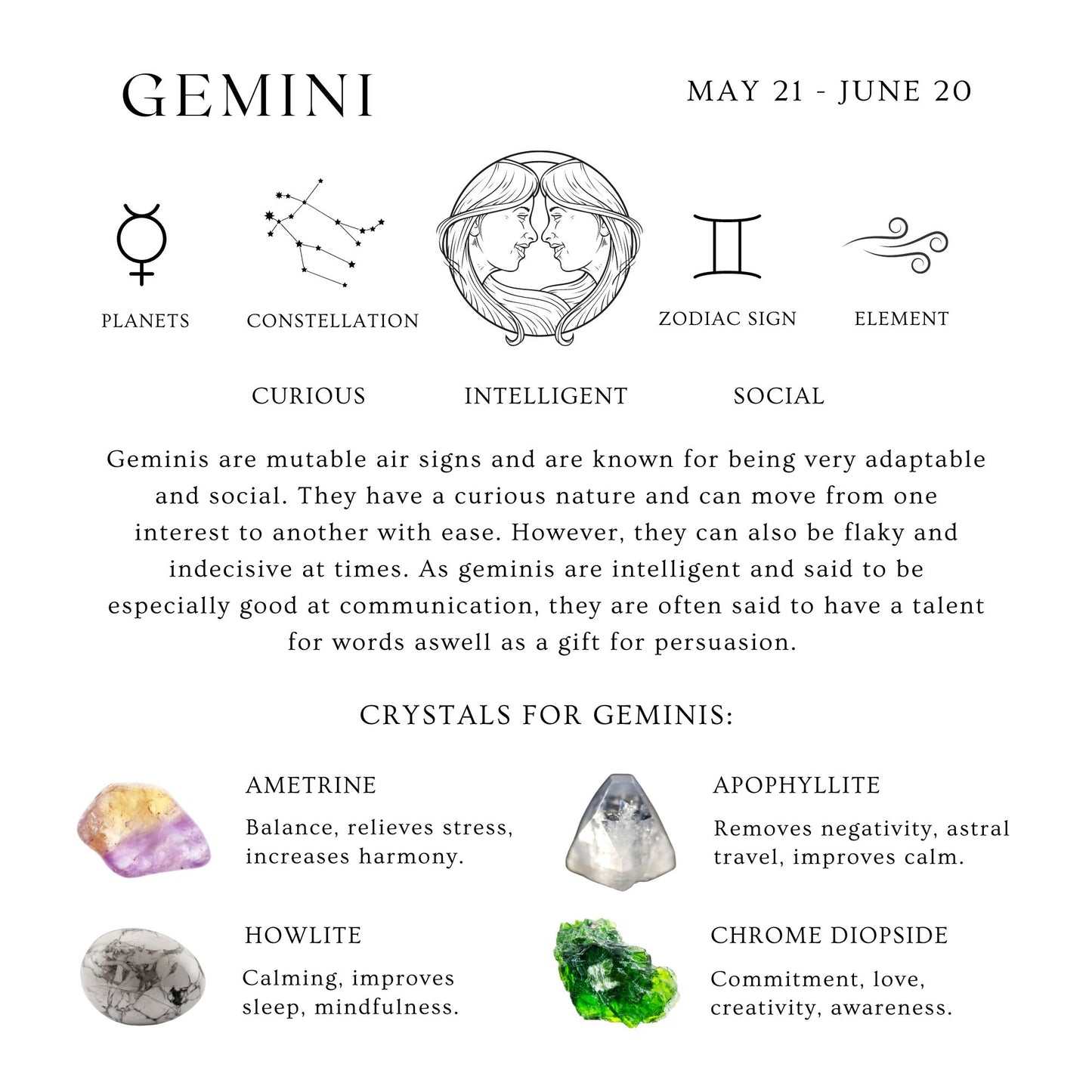 Gemini Reiki Healing Gemstone Zodiac Bracelet - May 21st - June 20th