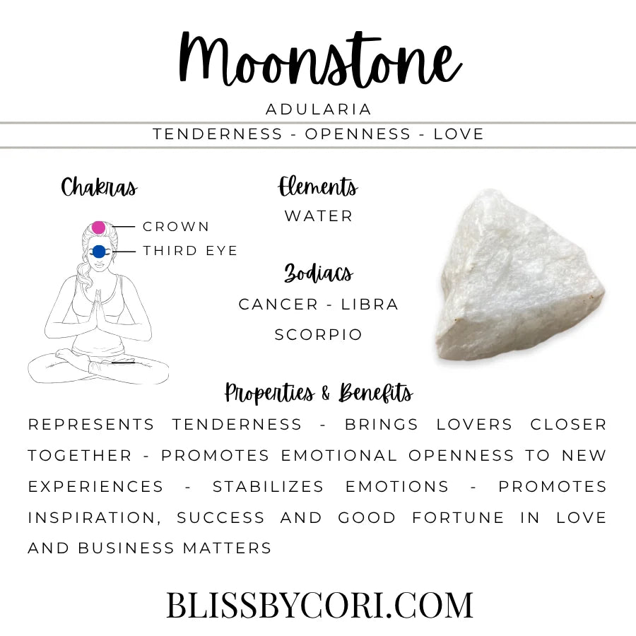Moonstone adularia gemstone guide showing a white stone and traditional associations with tenderness, openness, love, chakras, and zodiac signs | Bliss by Cori