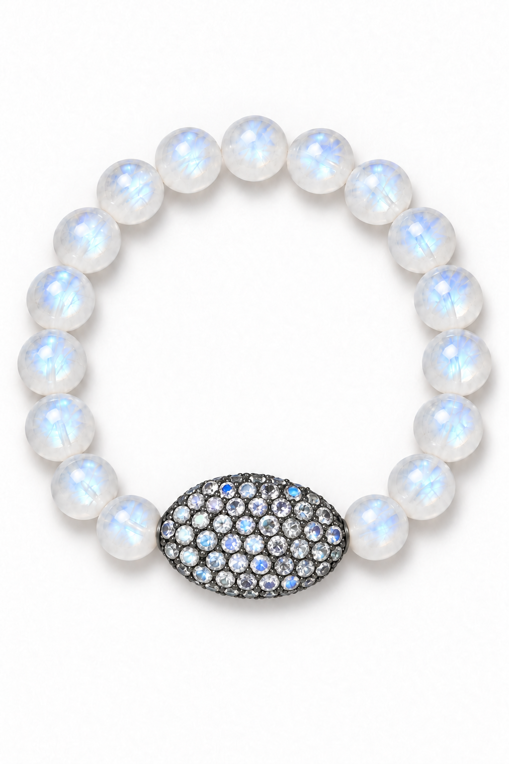 Bracelet on white background: Round Rainbow Moonstone beads with blue flashes and an oval pavé accent on a white background | Bliss by Cori