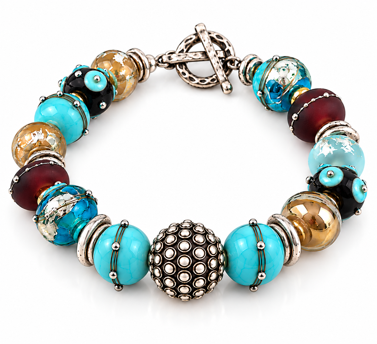 Lampwork glass bead bracelet with turquoise, aqua and brown beads, silver accents and a toggle clasp | Bliss by Cori