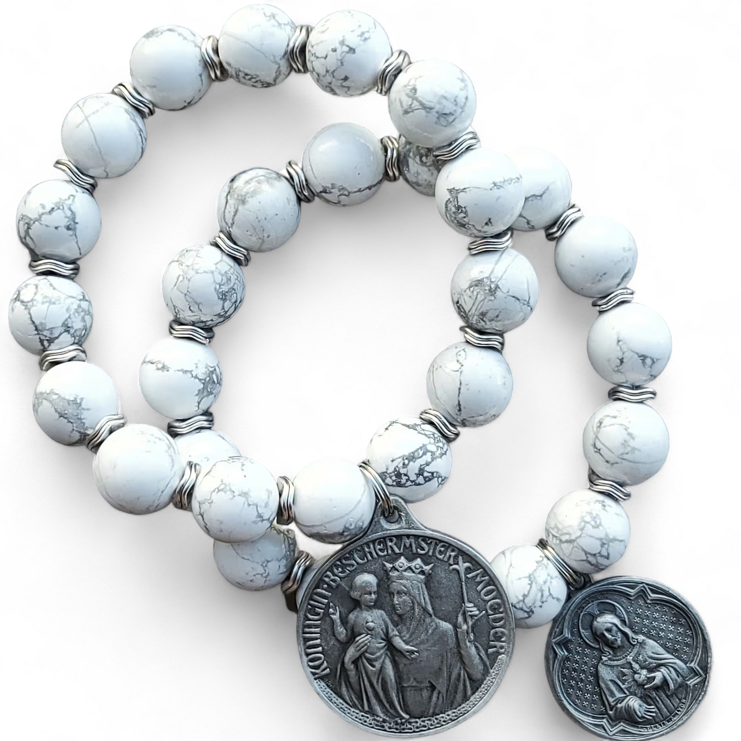 Howlite Sacred Heart Of Jesus & Immaculate Heart of Mary Reiki Healing Beaded Gemstone Bracelet