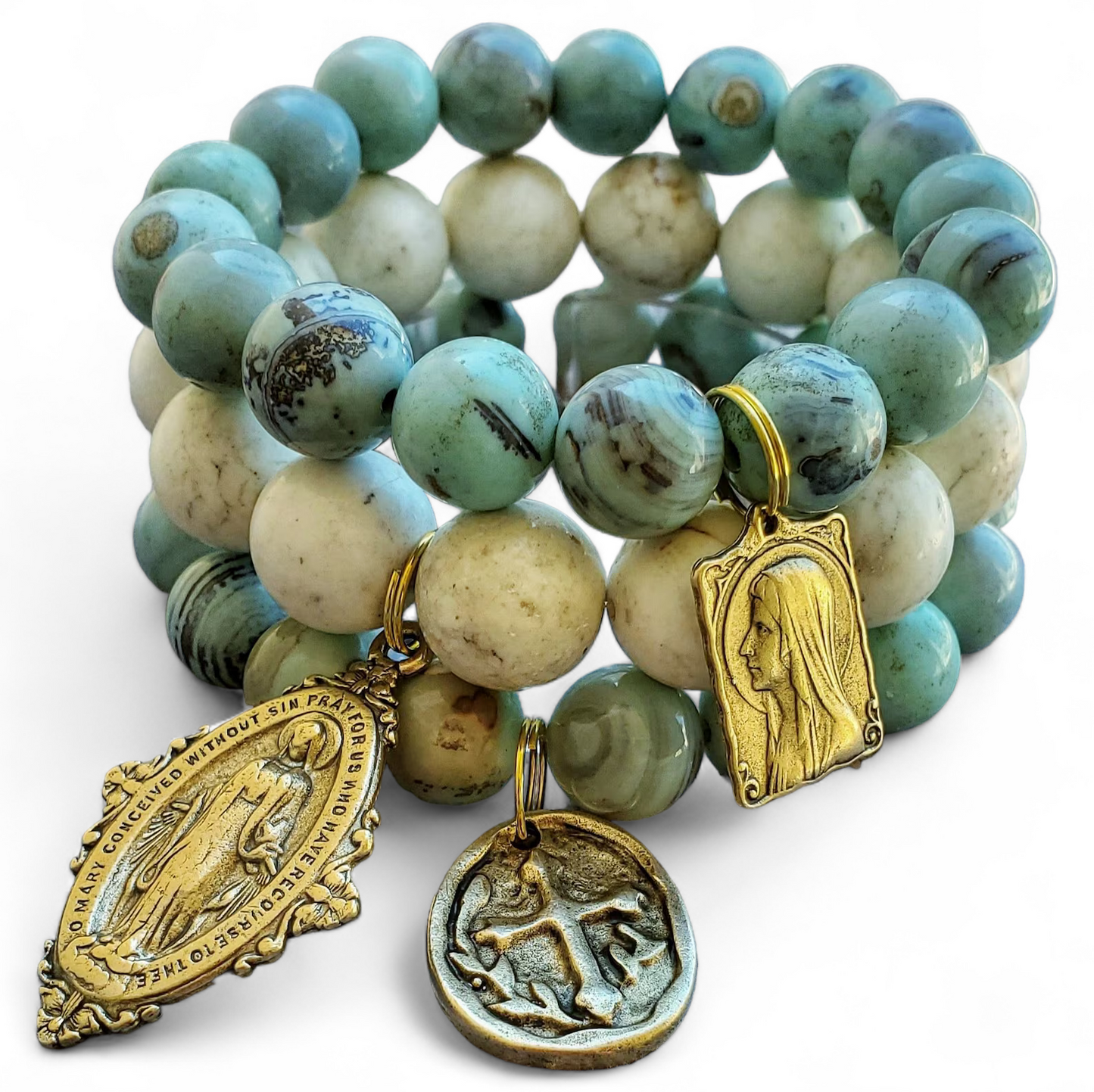 Agate & Magnesite Virgin Mary Reiki Healing Gemstone Bracelet Stack