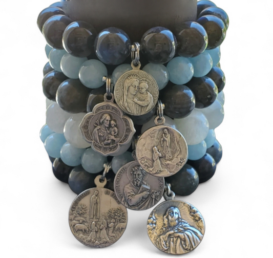 Labradorite & Aquamarine Religious Medal Reiki Healing Gemstone Bracelet Stack