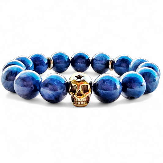 12mm Kyanite Skull Unisex Reiki Healing Beaded Gemstone Bracelet