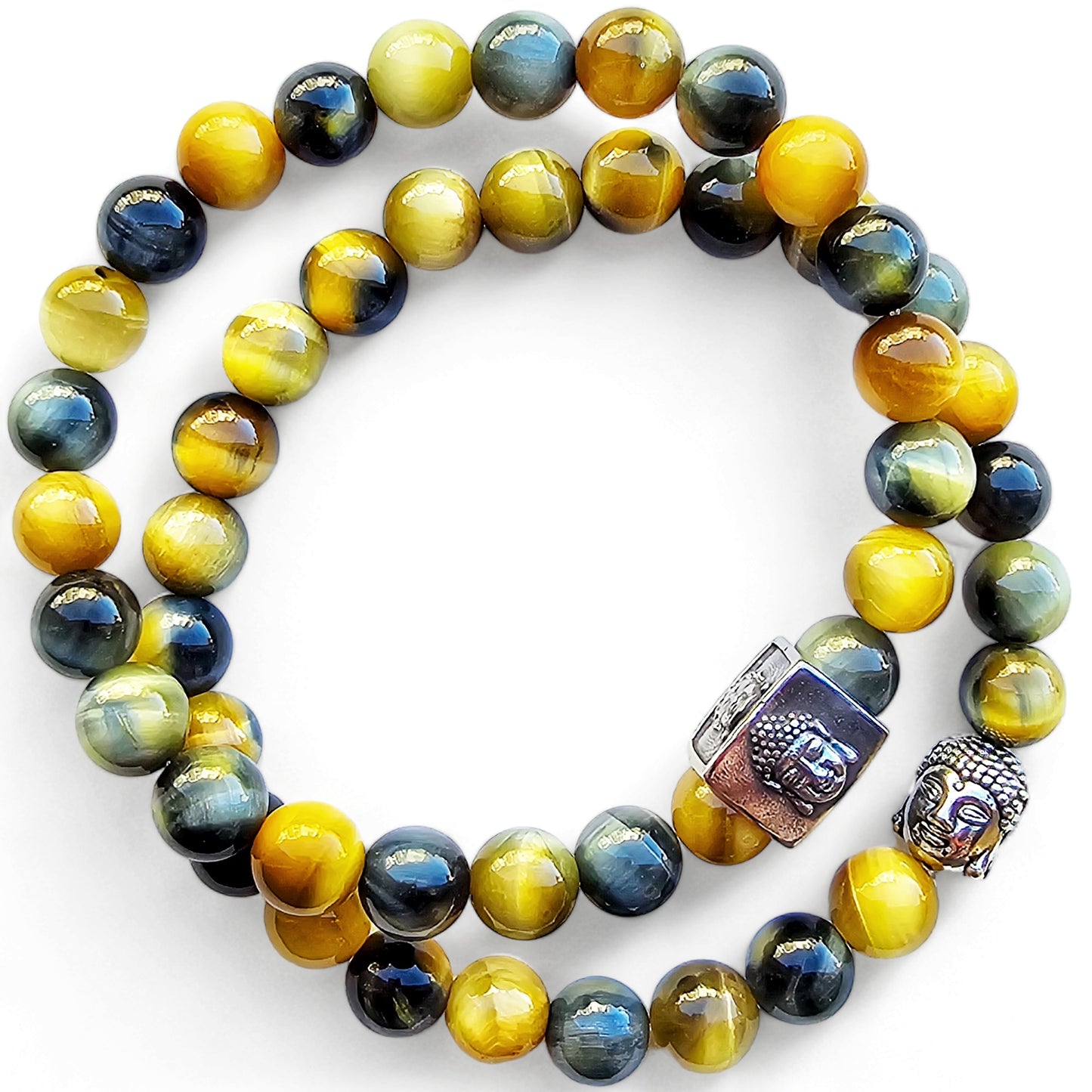 Blue & Gold Tiger's Eye Unisex Buddha Reiki Healing Beaded Gemstone Bracelets