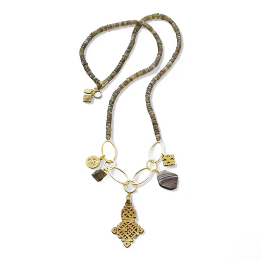 Long Layered Labradorite Coptic Cross Bohemian Necklace