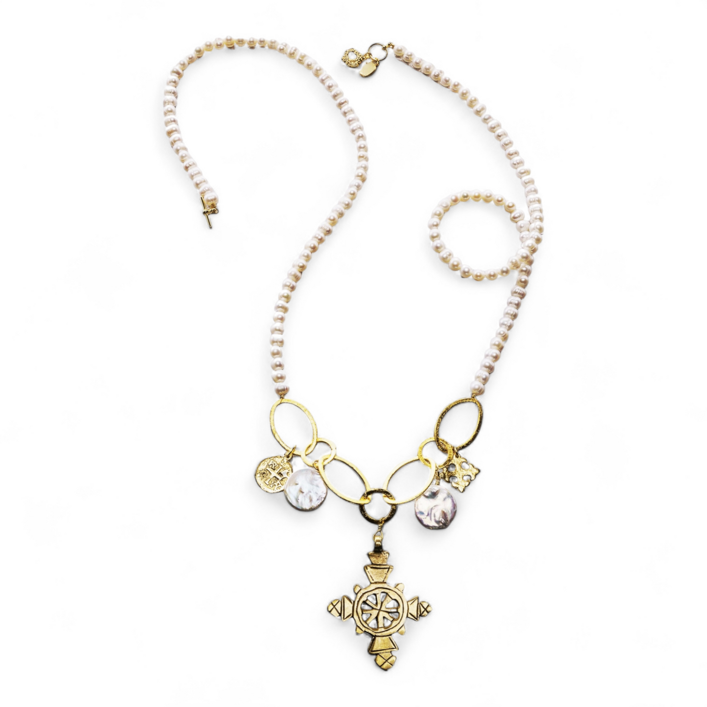 Long Layered Pearl Coptic Cross Bohemian Necklace