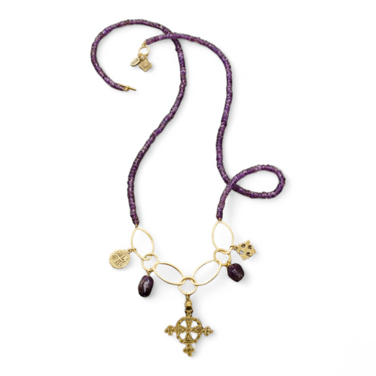 Long Layered Amethyst Coptic Cross Bohemian Necklace