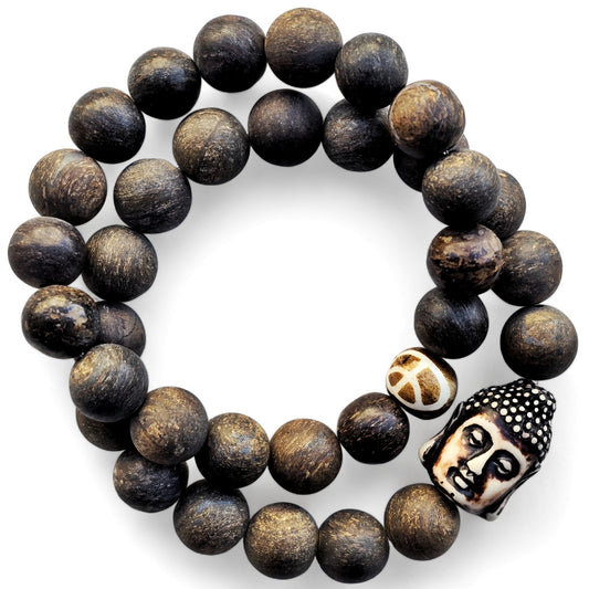 12mm Unisex Bronzite & Ox Bone Buddha Peace Reiki Healing Bracelets